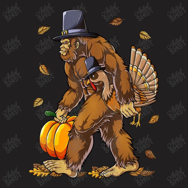 Bigfoot Pilgrim Turkey Pumpkin Thanksgiving T-Shirt - Image 5