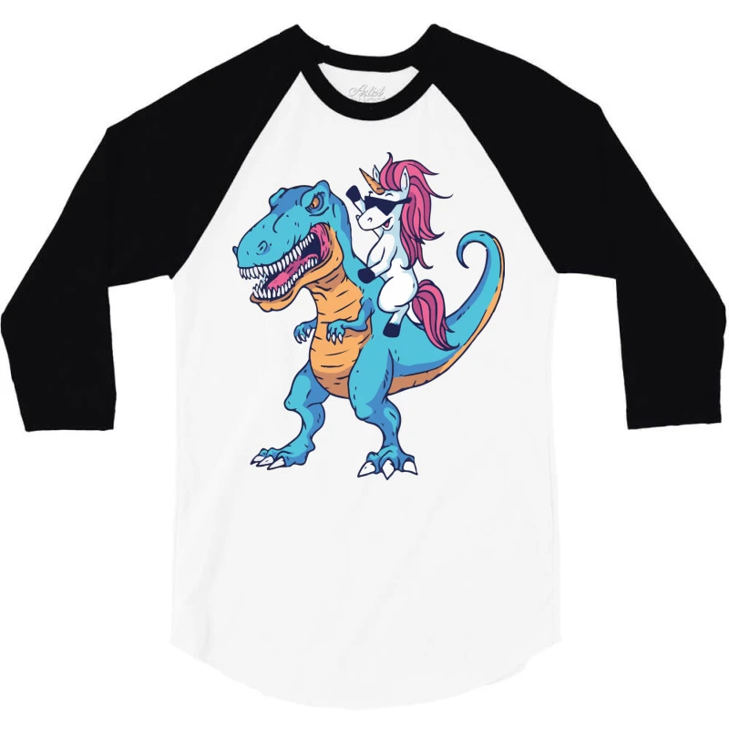 Unicorn Riding T Rex Dinosaur Boys Girls Kids 3/4 Sleeve Shirt - Image 3