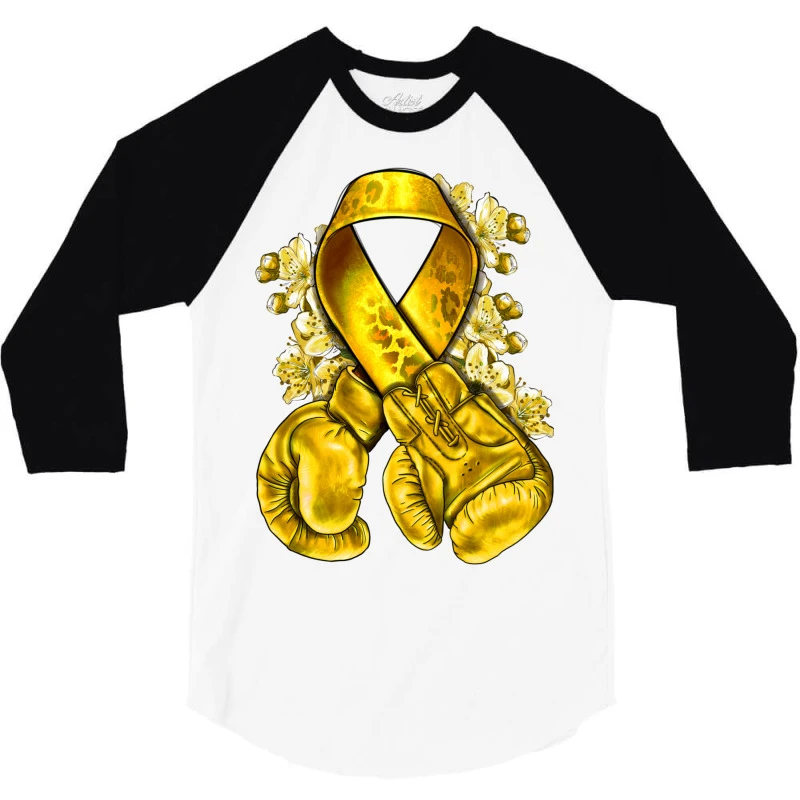 Childhood Cancer Yellow Ribbon With Boxing Gloves 3/4 Sleeve Shirt - Image 3