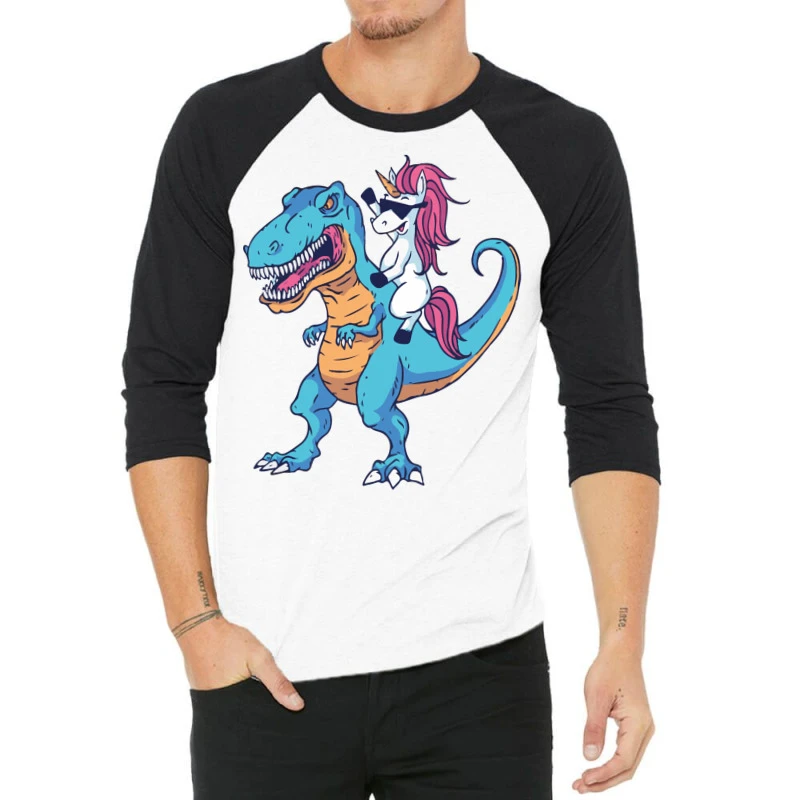 Unicorn Riding T Rex Dinosaur Boys Girls Kids 3/4 Sleeve Shirt