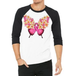 Pink Ribbon Breast Cancer Butterfly 3/4 Sleeve Shirt
