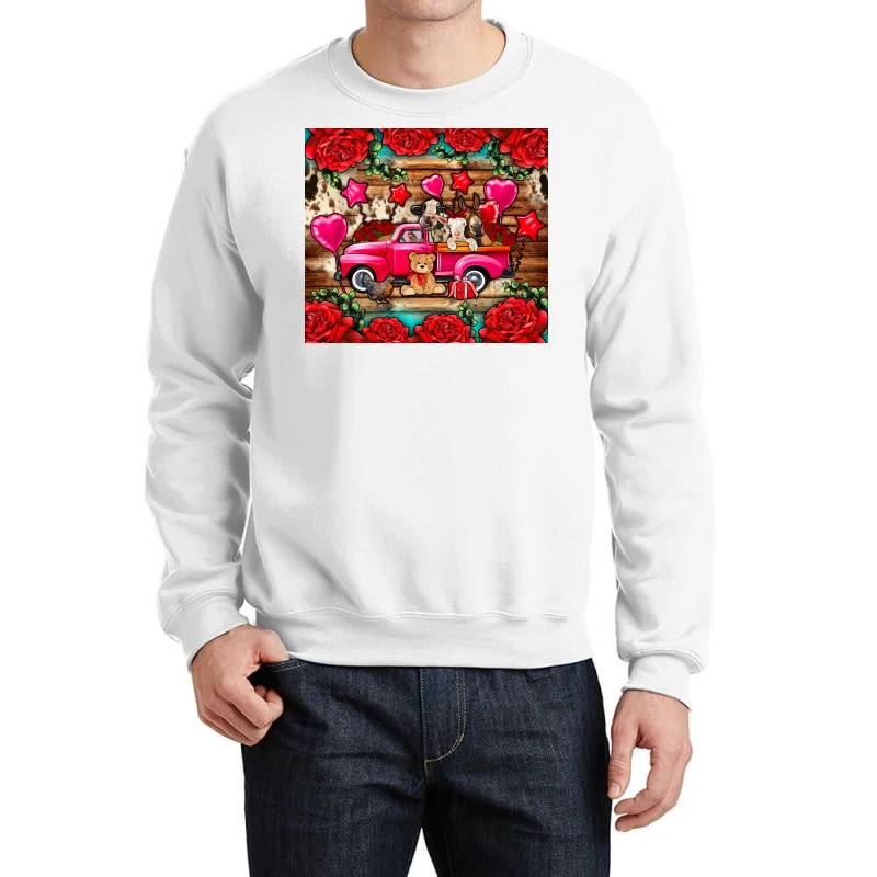 Valentine's Day Farm Animals Truck Roses Crewneck Sweatshirt